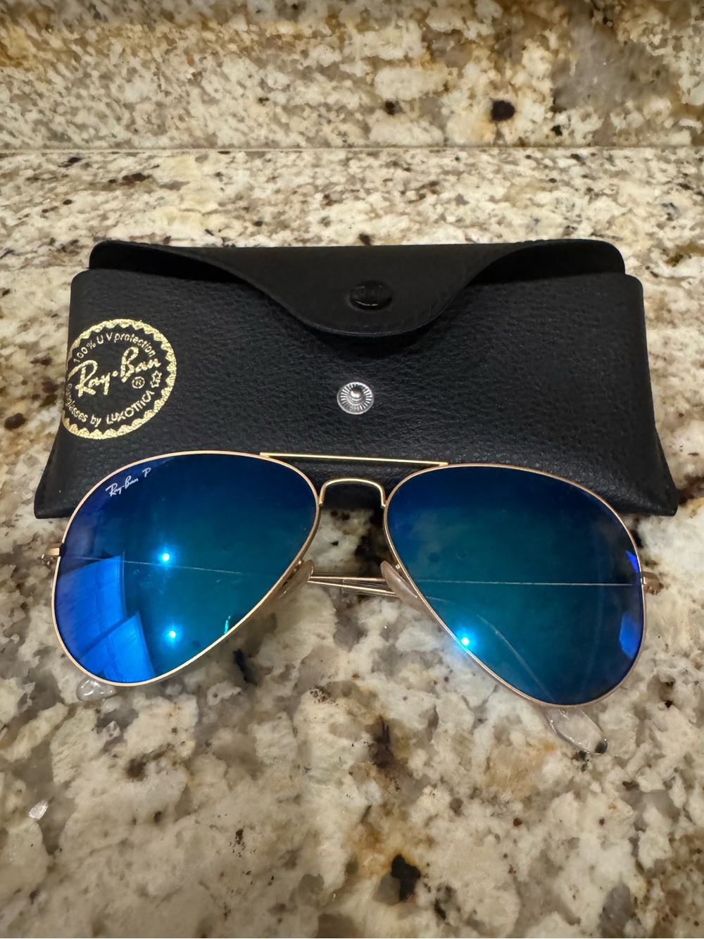 Ray-Ban Gold Frame Sunglasses with Blue Mirrored Lenses
